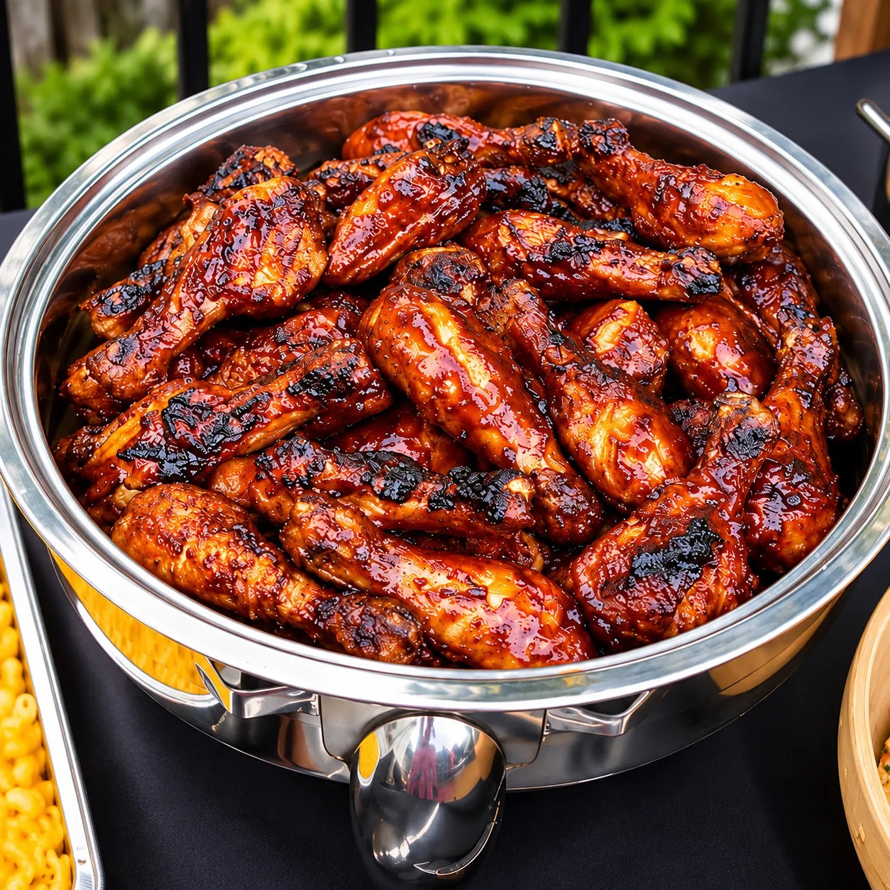 Glazed, grill-charred chicken drumsticks in a chafing dish