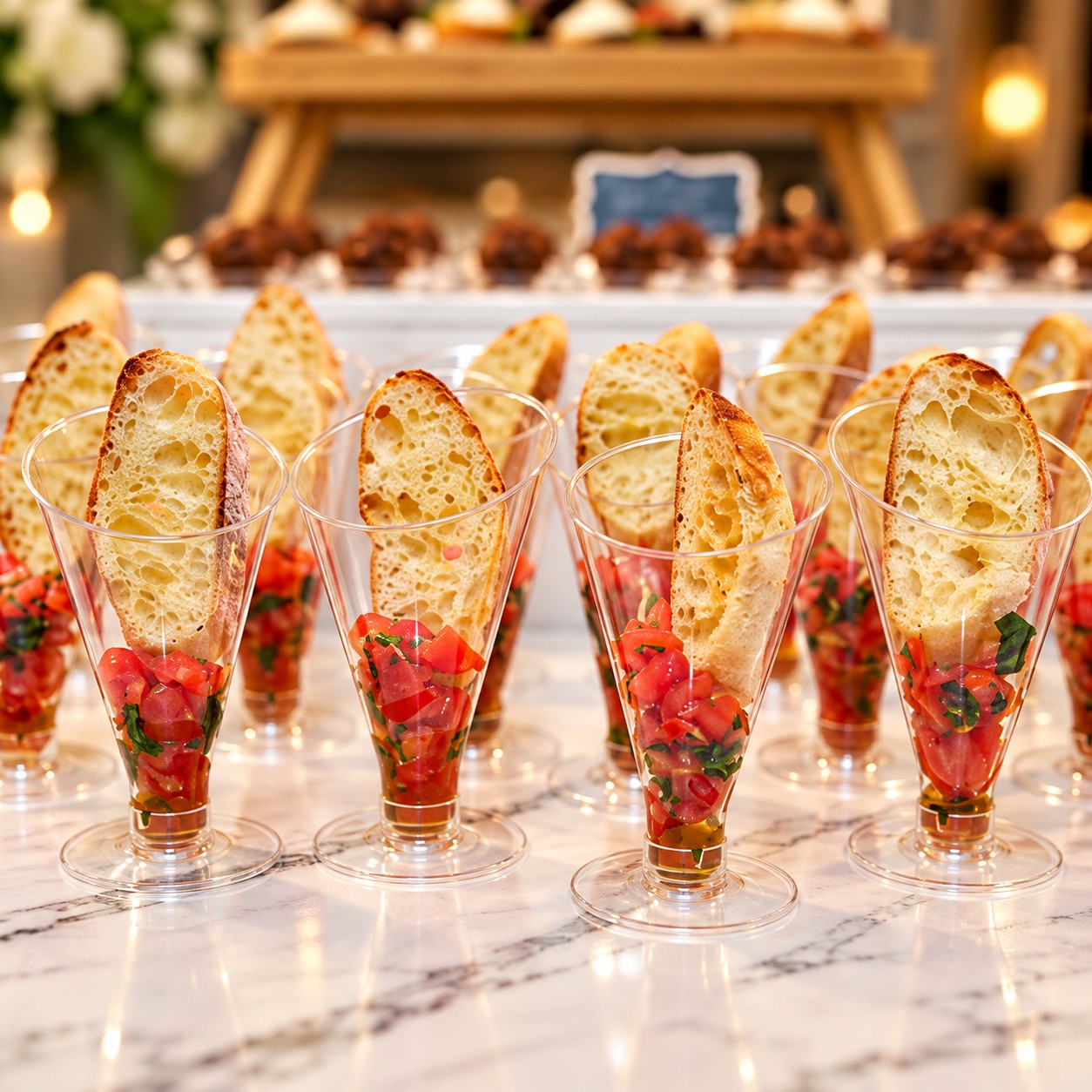 Bruschetta served in clear stemmed cups, each with a slice of toasted bread