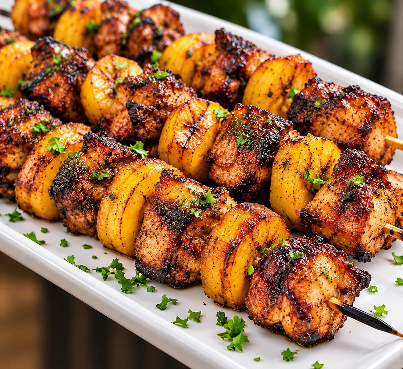 Grilled skewers of spice-rubbed chicken and caramelized plantain on a white platter
