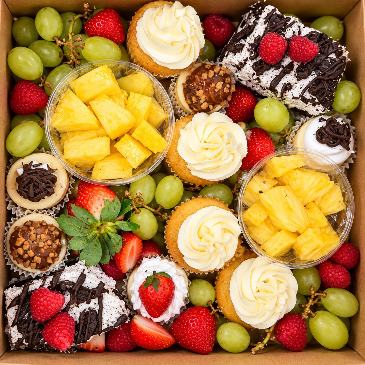A dessert box of cupcakes, cheesecake bites, pineapple, grapes and berries
