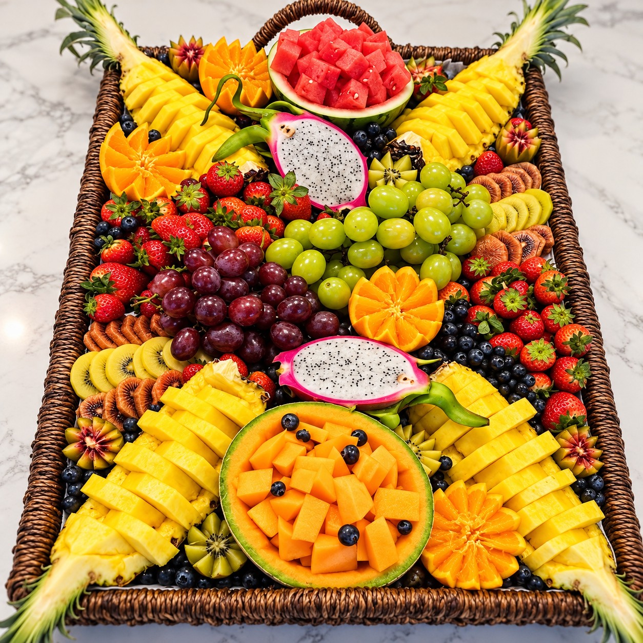 A long basket of fresh fruit with watermelon, dragon fruit, pineapple and berries