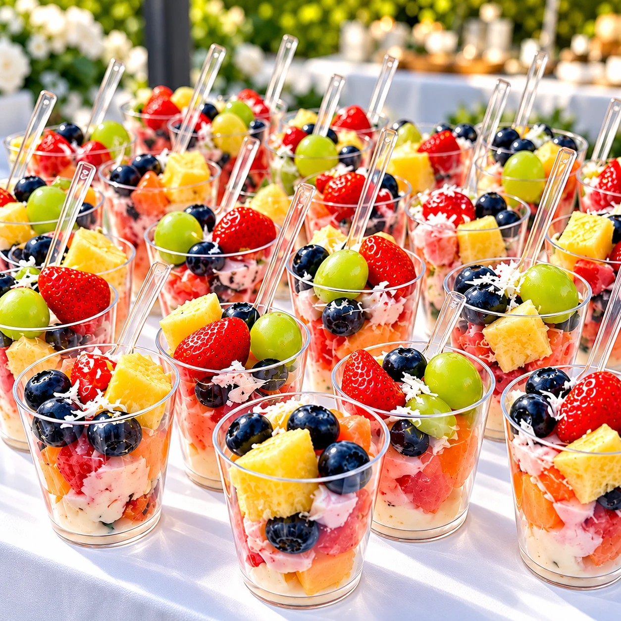 Individual cups of layered fruit topped with strawberries, blueberries, green grapes and pineapple