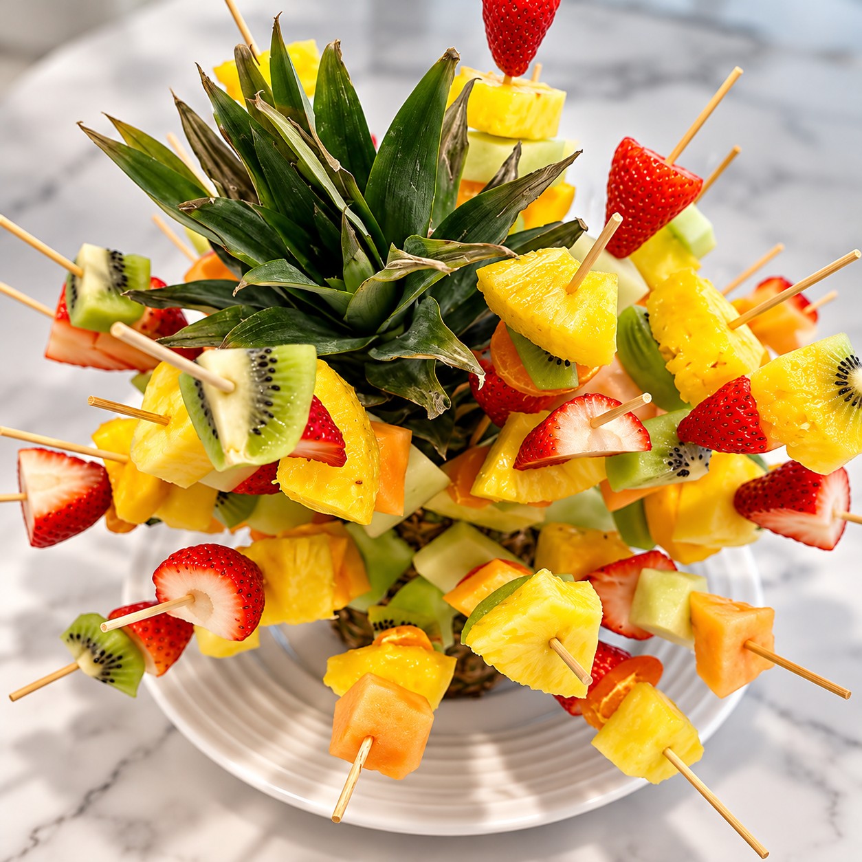 A pineapple centrepiece bristling with fresh fruit skewers