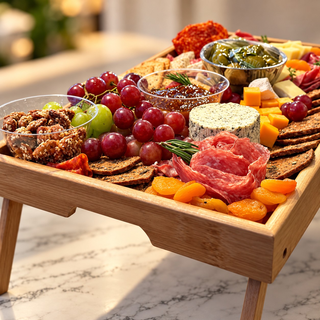 A bamboo grazing tray of salami, cheeses, grapes, olives and crackers