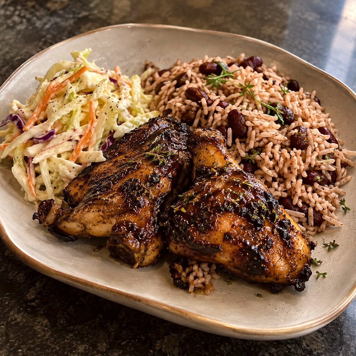 Charred jerk-style chicken with rice and peas and coleslaw on a stoneware plate