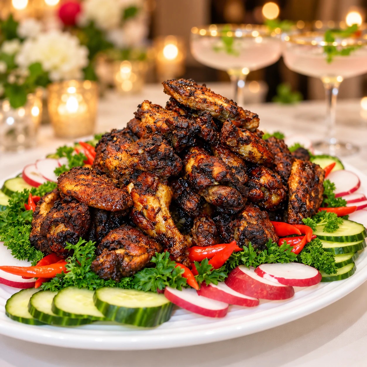 A platter of charred, spice-rubbed chicken pieces with cucumber, radish, parsley and red peppers