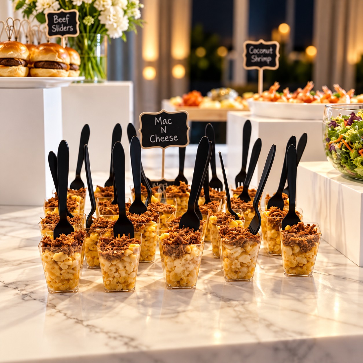 Individual cups of macaroni and cheese, each with its own fork