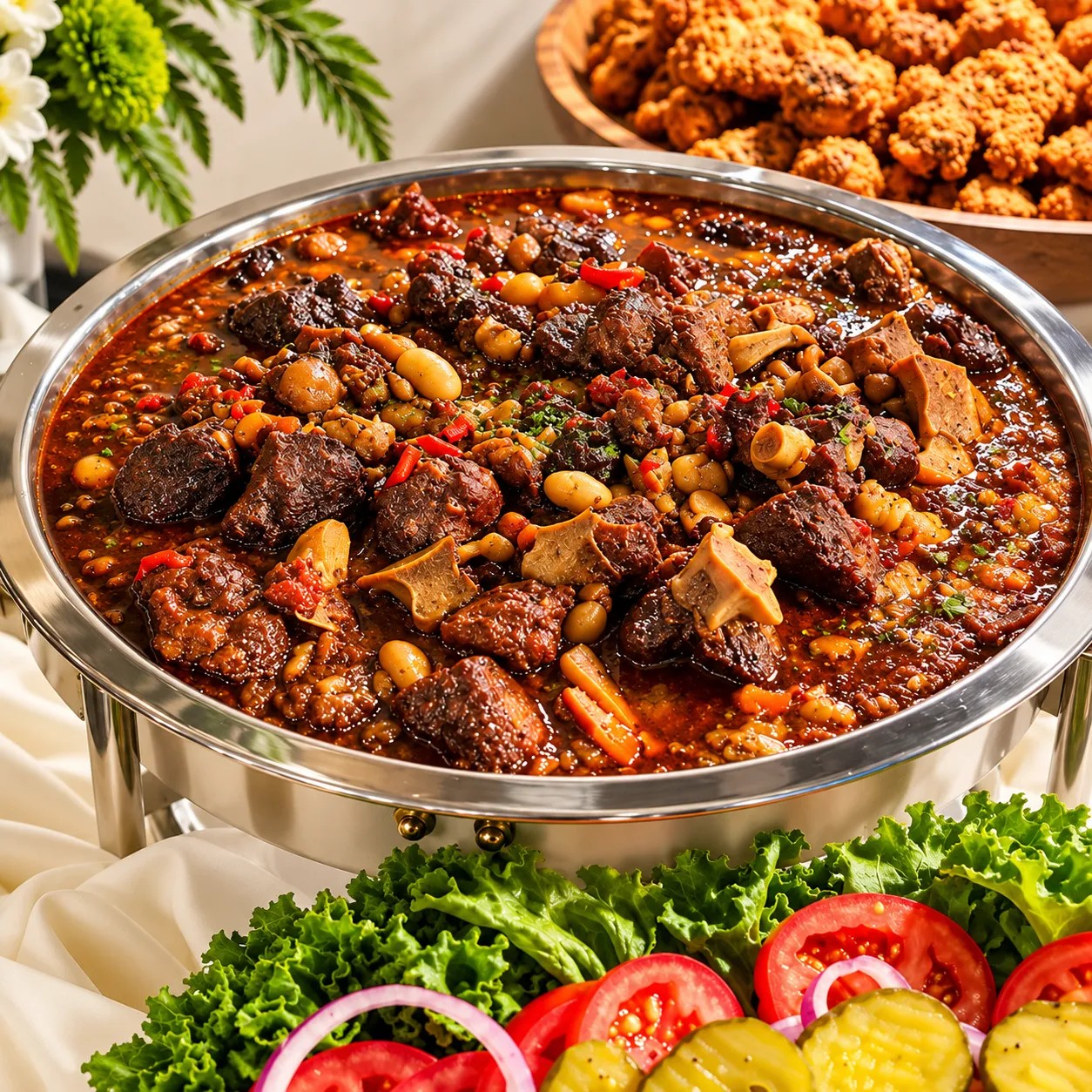 Braised oxtail with butter beans in a round chafing dish, beside fried chicken and a salad garnish