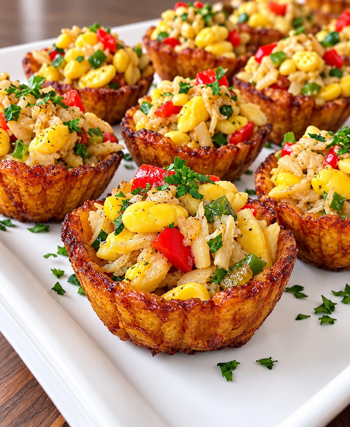 Crisp plantain cups filled with ackee, saltfish and sweet peppers