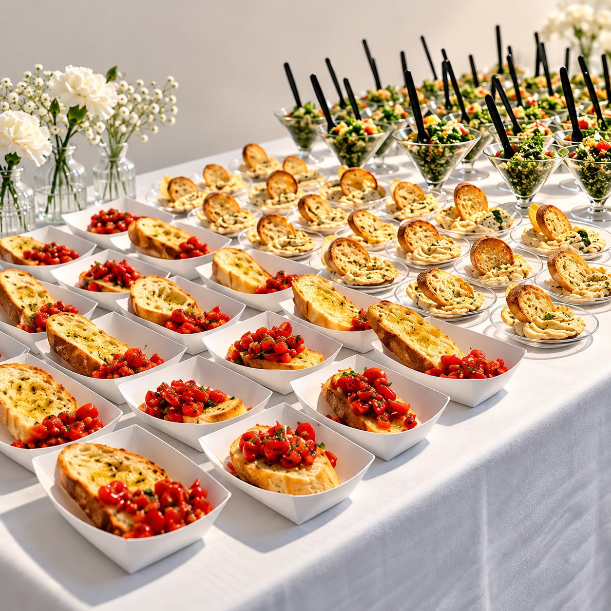 A long white-draped table set with rows of bruschetta in paper boats and individual salad cups