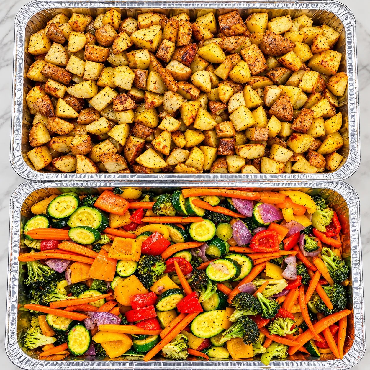 Two foil trays: herb-roasted potatoes, and roasted carrots, zucchini, peppers, broccoli and red onion