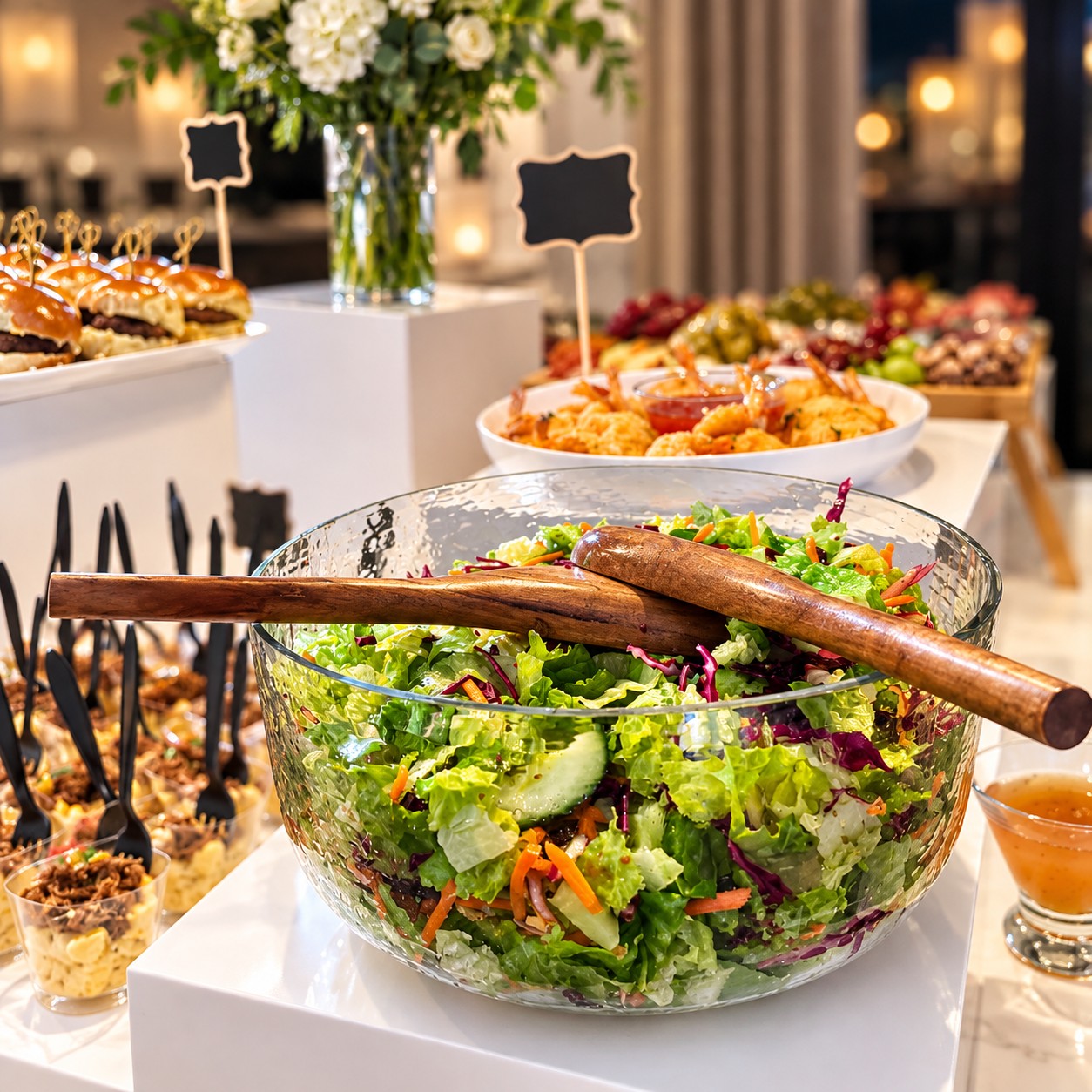 A large bowl of garden salad with wooden servers on a reception table