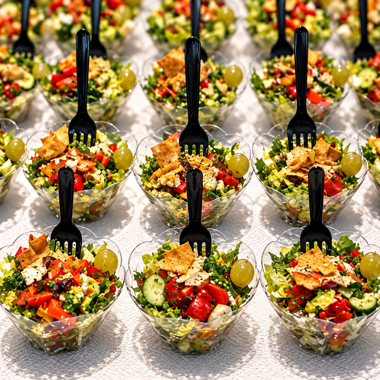 Neat rows of individual chopped salads, each with its own fork