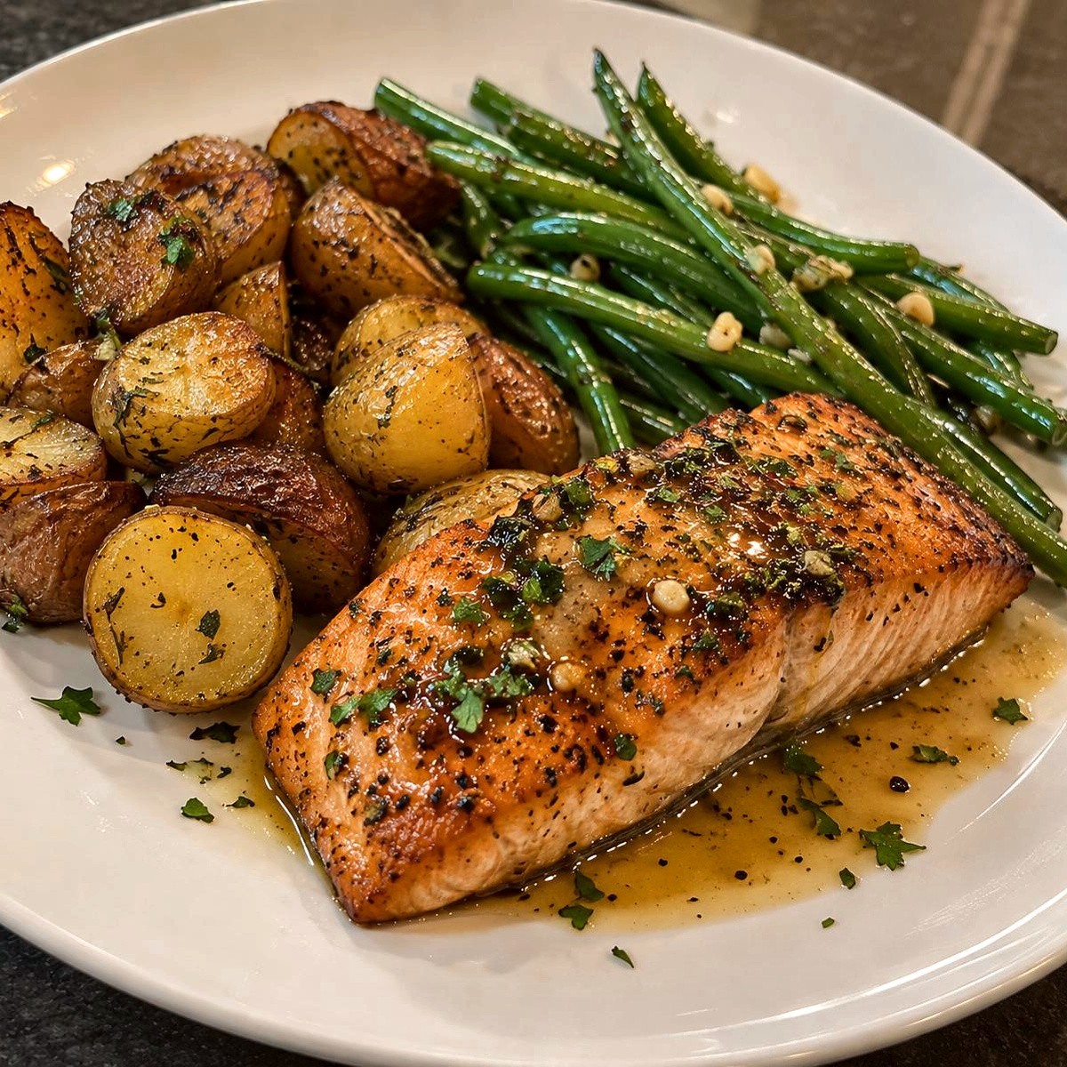 A seared salmon fillet with herb butter sauce, roasted baby potatoes and green beans