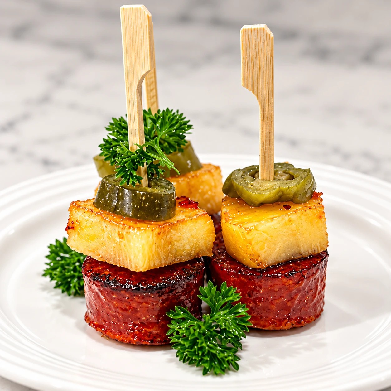 Seared sausage rounds topped with golden cubes and pickled jalapeño on bamboo picks