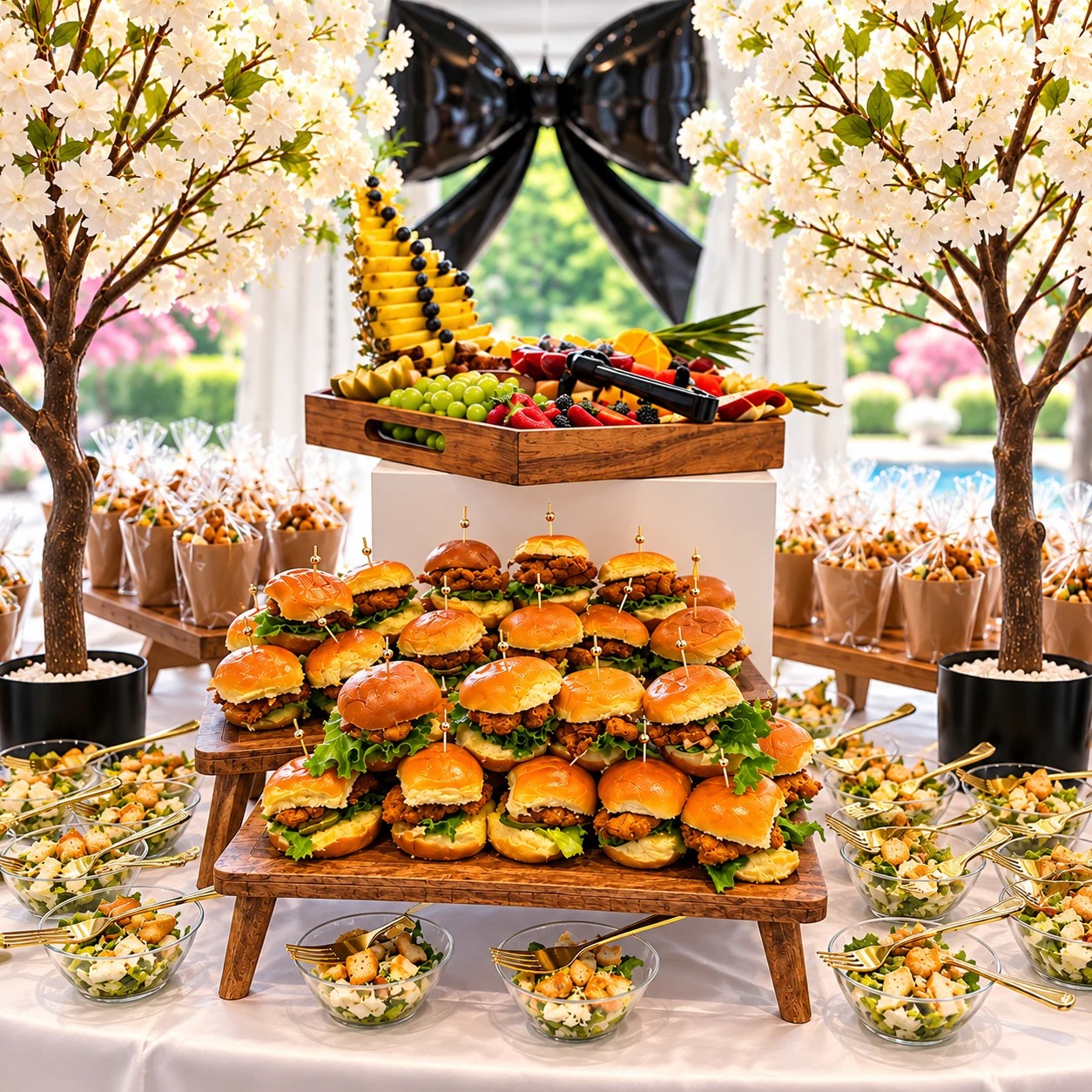 Crispy chicken sliders stacked on wooden stands, with Caesar salad cups, a fruit display and white blossom trees
