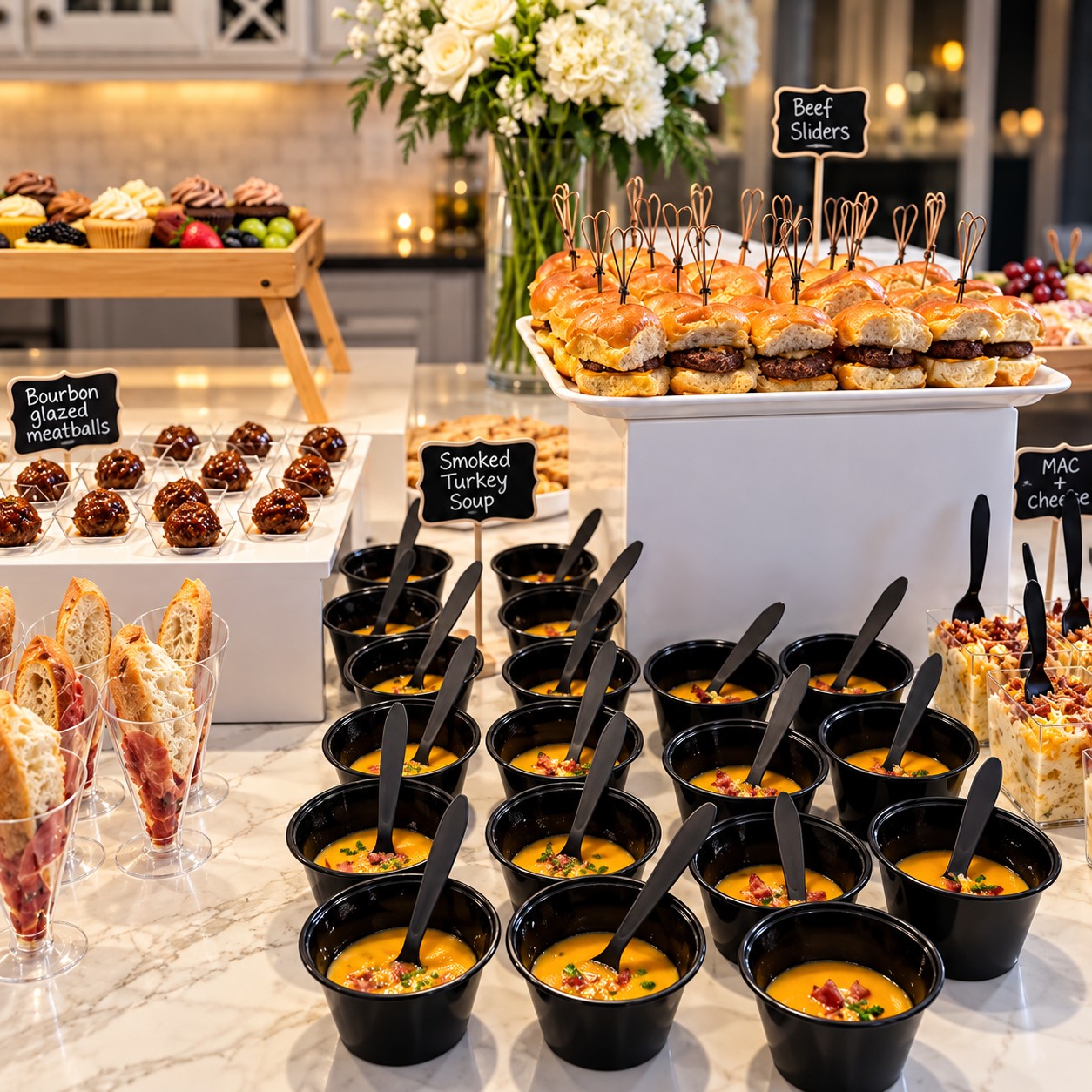 A soup station of individual cups with spoons beside beef sliders and bourbon-glazed meatballs