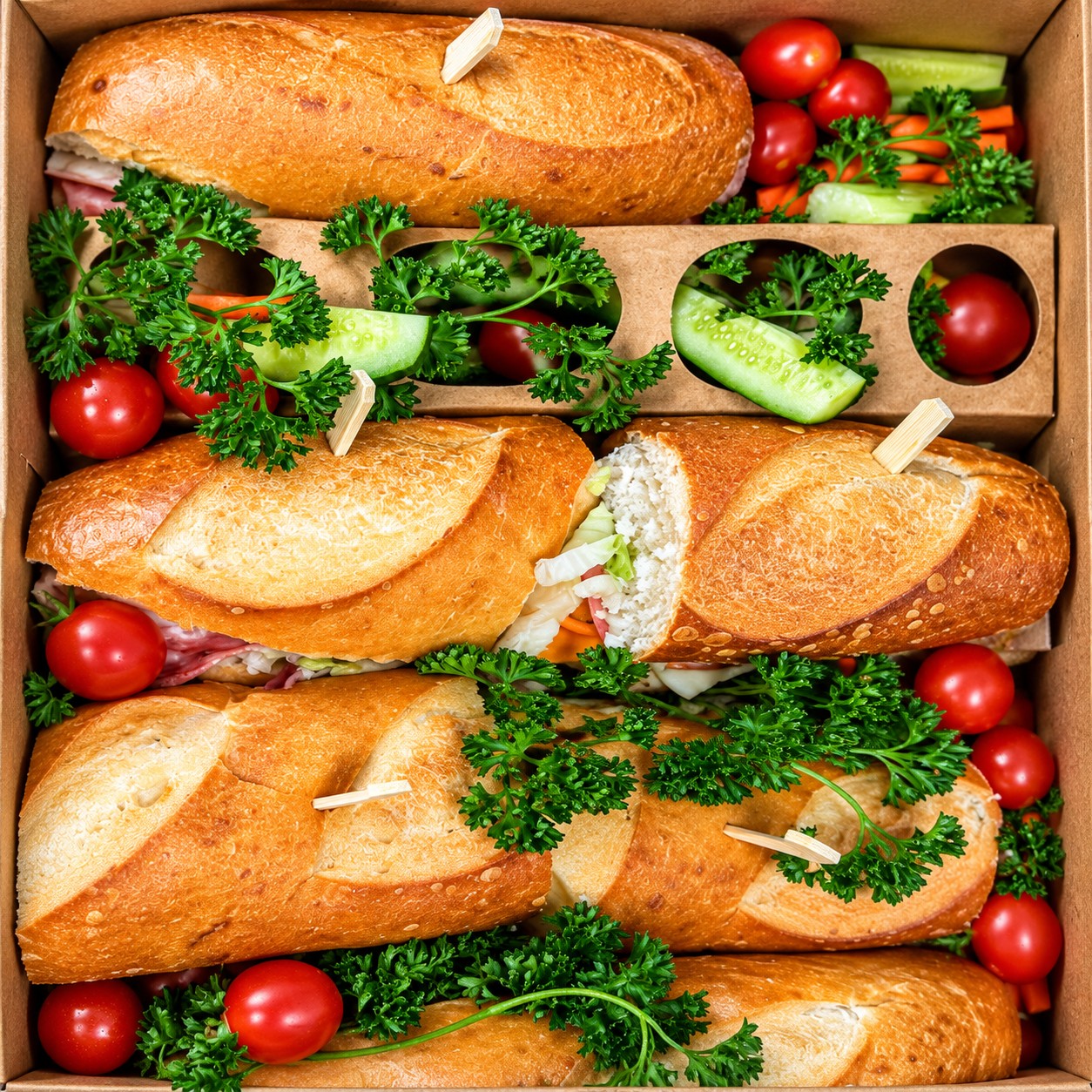 A catering box of sub sandwiches garnished with parsley and cherry tomatoes