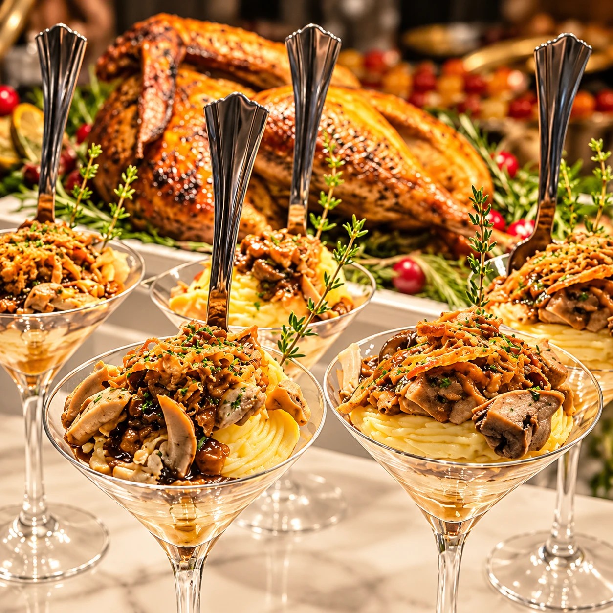 Mashed potatoes topped with a savoury braise and mushrooms in martini glasses, with a whole roast turkey behind
