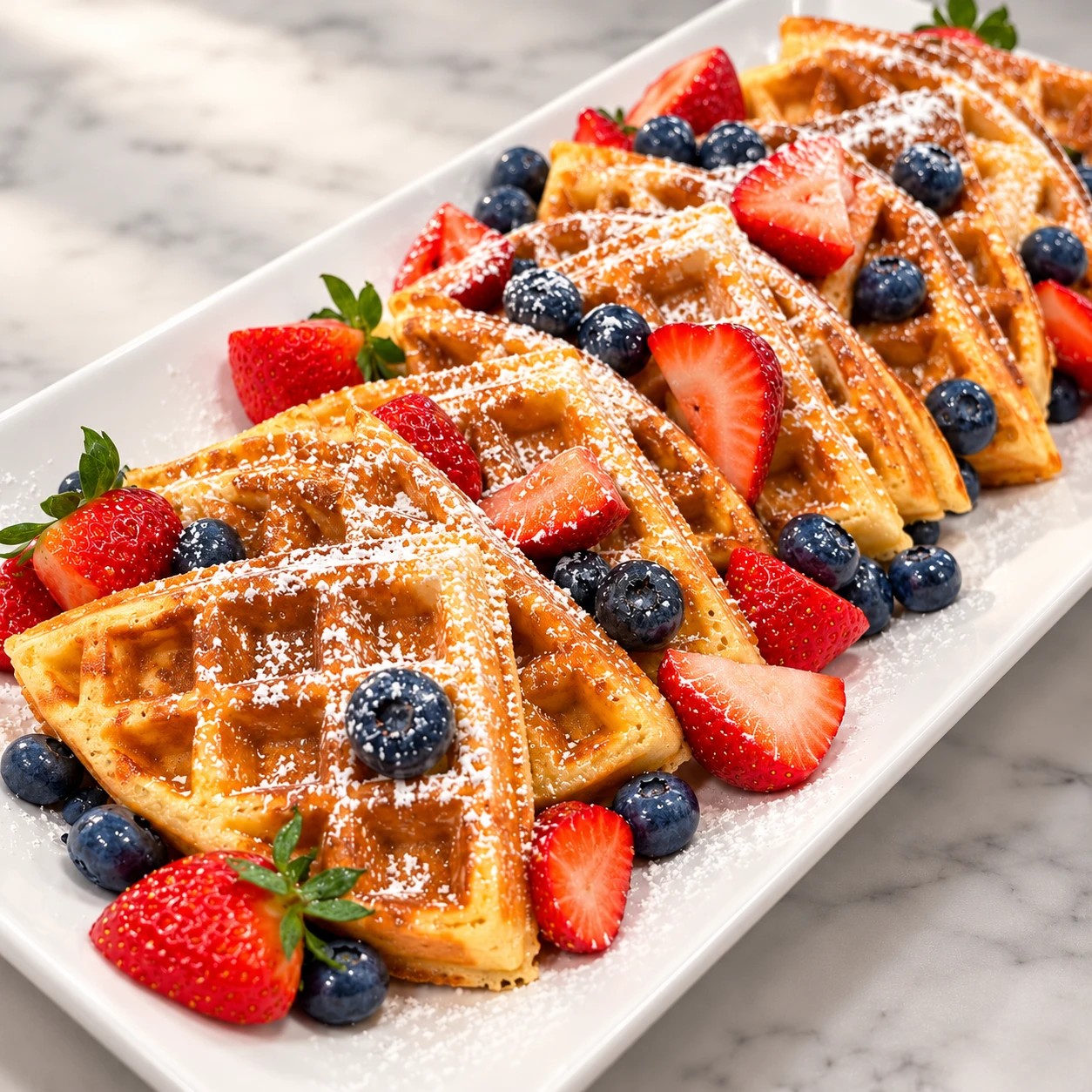 Waffle wedges dusted with powdered sugar, with strawberries and blueberries on a white platter