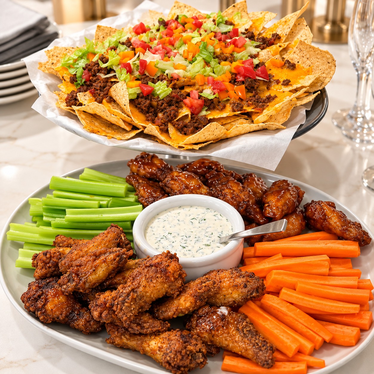 Platters of chicken wings with celery, carrots and dip, and loaded nachos